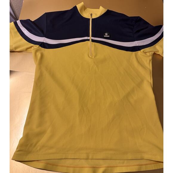 Sugoi Cycling Jersey Men Large Half Zip CoreTech Yellow Blue & White 3 Pockets - Picture 1 of 5